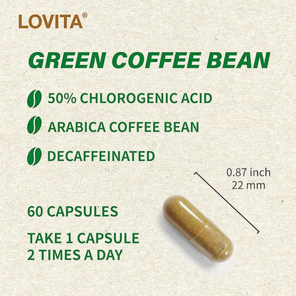 Lovita Green Coffee Bean Extract: Natural Antioxidant, High Potency - 1600mg Equivalent, 50% Chlorogenic Acid, Vegan-Friendly Dietary Supplement - 60 Capsules