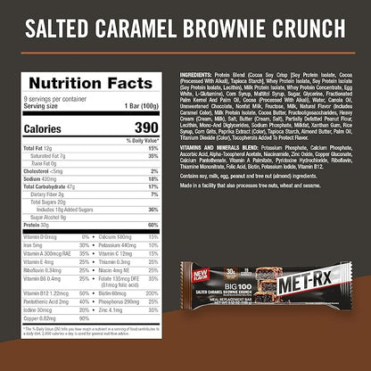 MET-Rx Big 100 Protein Bar, Meal Replacement Bar, 30G Protein, Salted Caramel Brownie Crunch, 9 Count, 3.52 Oz.(Packaging may vary)