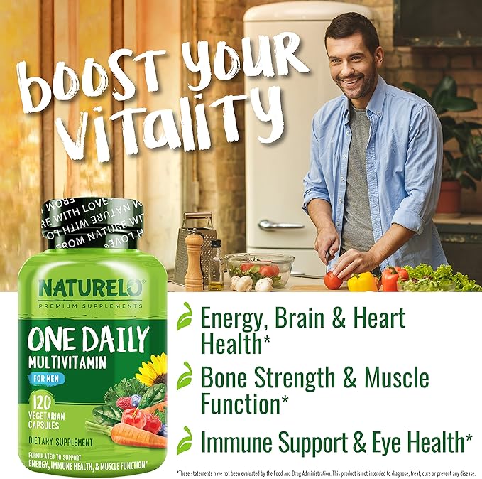NATURELO One Daily Multivitamin for Men - with Vitamins & Minerals + Organic Whole Foods - Supplement to Boost Energy, General Health - Non-GMO - 180 Capsules