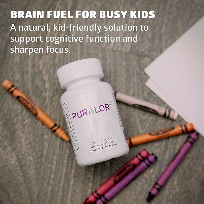 Centurion Premium Puralor AD, Cognitive and Focus Supplement for Kids with Saffron, Folate, Vitamin C, D and Zinc, 30 Chewable Tablets