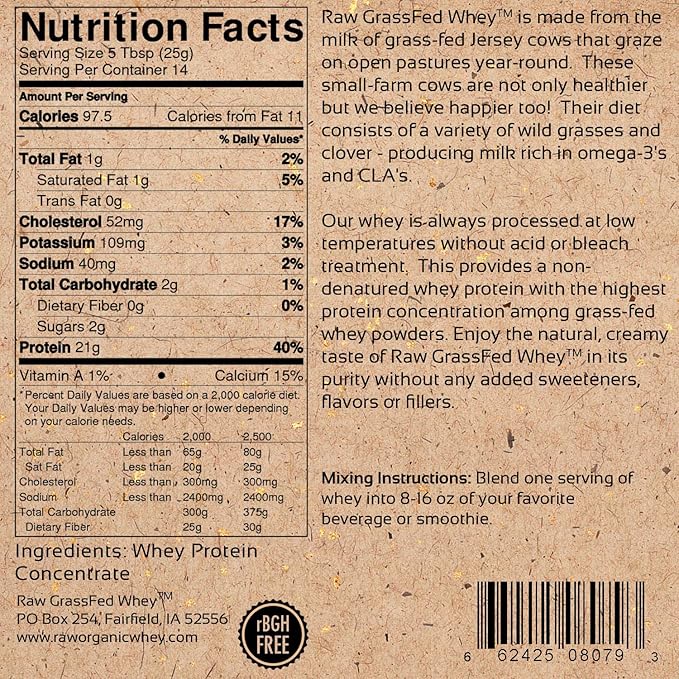 Raw Grass Fed Whey Protein Powder, Happy Healthy Cows, Undenatured, GMO-Free, Hormone Free, Gluten Free, Unflavored, Unsweetened, 12 OZ