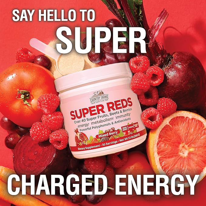 COUNTRY FARMS Super Reds, Energizing Polyphenol Superfood, 48 Super Fruits and Berries, Powerful Antioxidants and Polyphenols, Supports Energy, 20 Servings, Mixed Berry Flavor