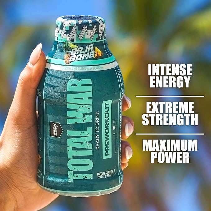 REDCON1 Total War Ready to Drink Preworkout, Baja Bomb - 350mg of Fast Acting RTD Caffeine - Beta Alanine + Citrulline Malate for Increased Pump (12 Workout Drinks)