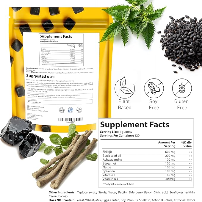 1280mg Gold Shilajit Gummies with Black Seed Oil, Ashwagandha, Spirulina, Vitamins C & D3 - Himalayan Shilajit for Men Women, Immune & Energy Support, Vegan Supplement, 120 Ct