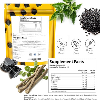 1280mg Gold Shilajit Gummies with Black Seed Oil, Ashwagandha, Spirulina, Vitamins C & D3 - Himalayan Shilajit for Men Women, Immune & Energy Support, Vegan Supplement, 120 Ct