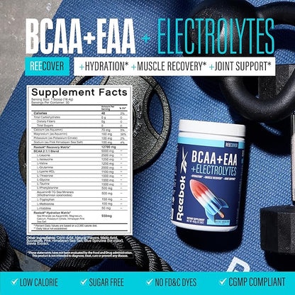 Reebok ReeCover BCAA + EAA + Electrolytes | 8g EAAs, 5g BCAAs, Hydration Matrix | Muscle Recovery, Strength | Post-Workout Support | 30 Servings | Rocket Moon Pop