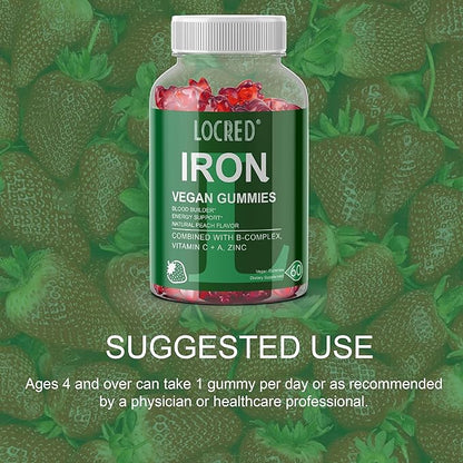 Vegan Iron Gummies,Multivitamin with Iron, Folate,Zinc for Man and Women,Strawberry Flavor (60 Ct)