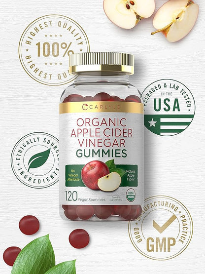Carlyle Organic Apple Cider Vinegar Gummies | 120 Count | USDA Organic | Vegan, Non-GMO & Gluten-Free ACV Gummies | Apple Flavor