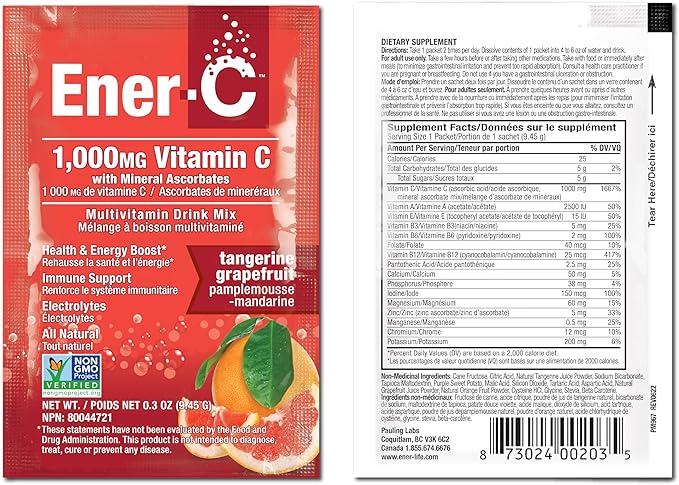 Ener-C Tangerine Grapefruit Multivitamin Drink Mix Powder Vitamin C 1000mg & Electrolytes - Real Fruit Juice Natural Energy & Immune Support for Women & Men - Non-GMO Vegan & Gluten Free - 30 Count
