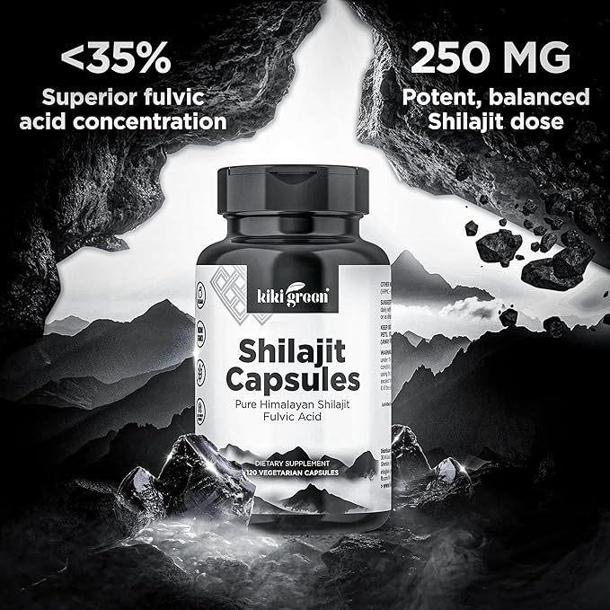 KIKI Green Shilajit Capsules - Shilajit Pure Himalayan Organic Supplement, 40% Fulvic Acid & Trace Minerals - 500 mg Pure Shilajit per Serving for Strength, Energy, Immunity - 120 Vegan Capsules