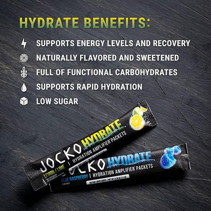 Jocko Fuel Hydrate Electrolytes Powder Packets Low Sugar - Hydration Amplifier Packets for Recovery, Dehydration, & Exercise - with Vitamins B6, B12 & C (16 Packets) Blue Raspberry