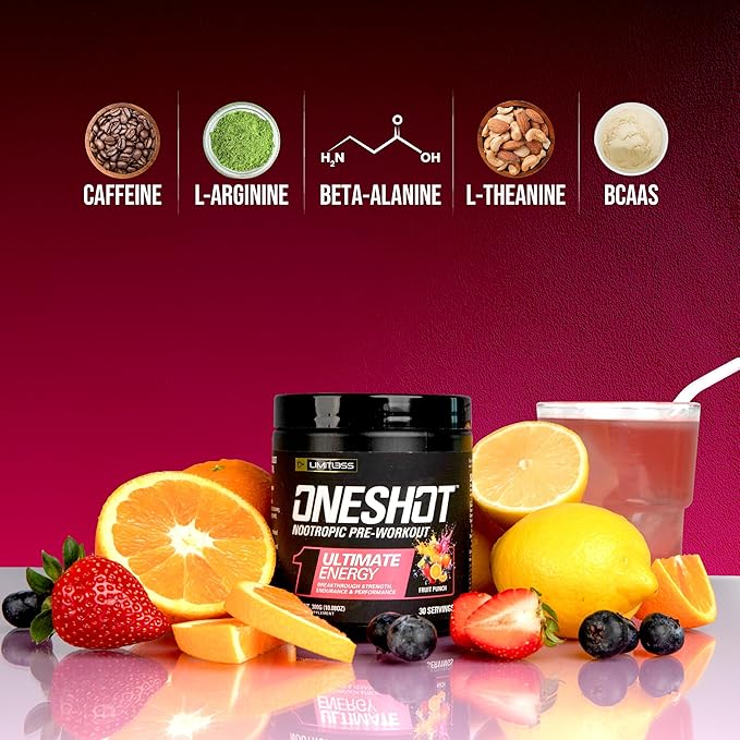 ONESHOT Pre Workout Powder for Men and Women - BCAAS Amino Acids Supplement Powder, 200mg Caffeine Powder, Beta Alanine Powder, Citrulline Malate Preworkout Powder - Fruit Punch - 30 Servings