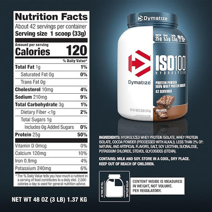 Dymatize ISO 100 Hidrolized 100% Whey Protein Isolate with 25g of Protein 1, Fudge Brownie, 48 Oz 42 servings