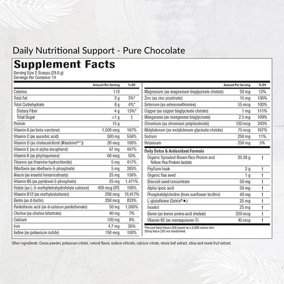 Equilife - Daily Nutritional Support, Organic and Plant Based Protein Powder, All-in-one Multivitamin, Boost Energy and Mood, Gut-Cleansing Aid and Skin Health (Pure Chocolate,14 Servings Tub)