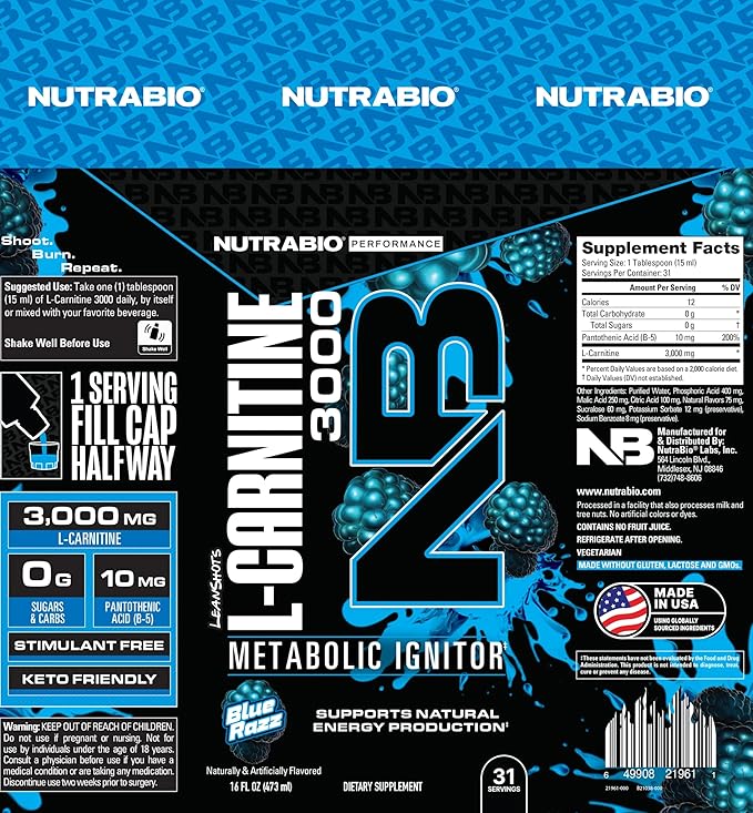 NutraBio – L-Carnitine Liquid Shots – 3000mg, (Blue Razz) – 10mg of Vitamin B-5 – Zero Carbs & Sugars – Energy Production – Muscle Recovery