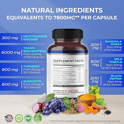 NAD+ Supplement 14,300mg with Nicotinamide Riboside NR, Trans Resveratrol, Quercetin - Support Cellular Energy, Longevity, Healthy Aging *USA made & tested* (90 Count (Pack of 1))