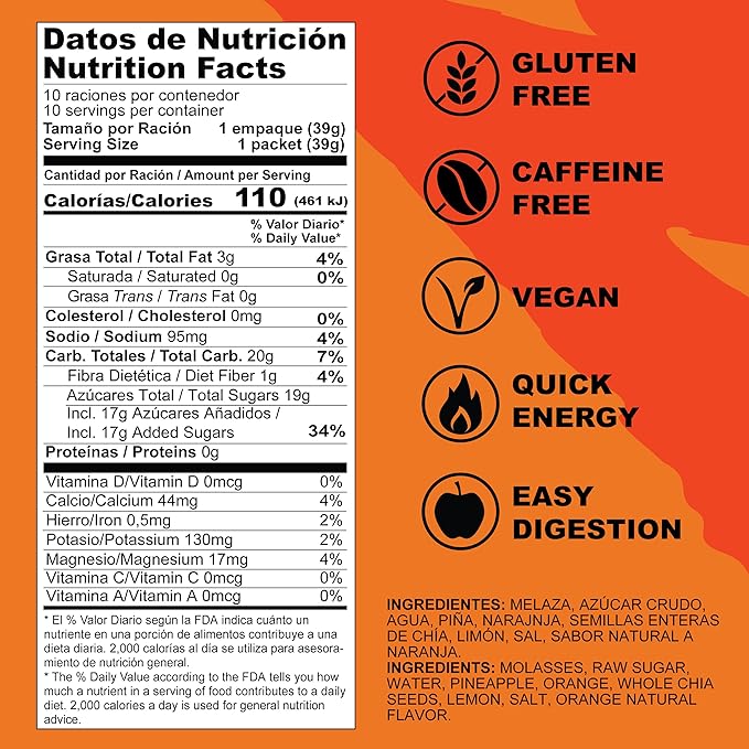 MOUK Energy Workout & Sports Nutrition Energy Gel - Orange Flavor All Natural with Whole Chia Seeds | Easy Digestion, Vegan, Gluten Free, Essential Electrolyte | 1.38 Ounce (Pack of 10)