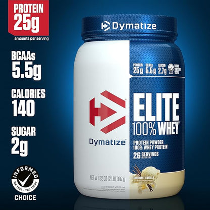 Dymatize Elite 100% Whey Protein Powder, L-Leucine, Quick Absorbing & Fast Digesting for Optimal Muscle Recovery, Gourmet Vanilla, 32 Oz
