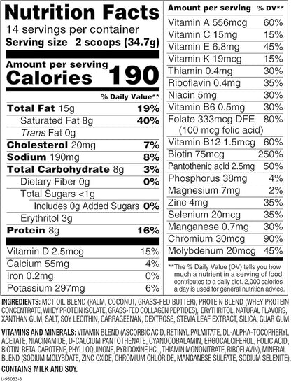 Nature Fuel Keto Meal Replacement Powder - Gluten Free with Coconut Oil MCTs and Grass-Fed Butter - Creamy Vanilla Milkshake - 14 Servings - Pantry Friendly, 17.1 Fl Oz