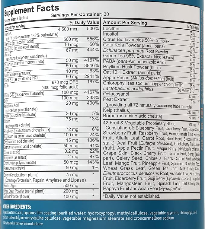 Dr. Tobias Adult Multivitamin for Women & Men, Energy & Immune Support from 42 Fruits & Vegetables Plus Probiotics, Comprehensive Daily Multivitamins for Men & Women, Non-GMO, 180 Tablets, 60 Servings