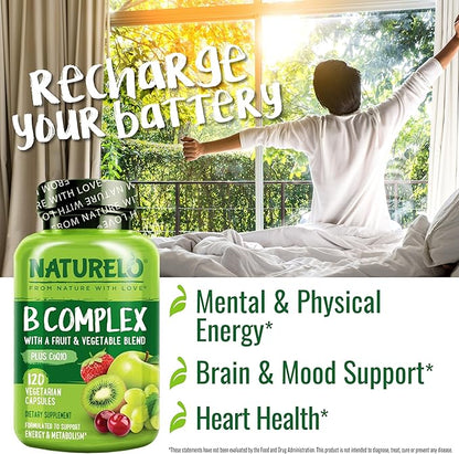 NATURELO Vitamin B Complex with Methyl B12, Methyl Folate, Vitamin B6, Biotin Plus Choline, CoQ10, and Fruit & Vegetable Blend - Supports Energy & Healthy Stress Response - Vegan - 120 Capsules