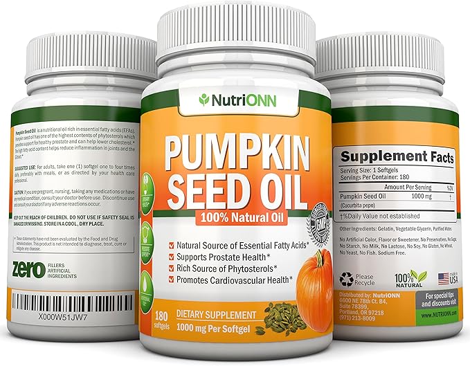 Pumpkin Seed Oil - 1000MG - 180 Softgels - Cold-Pressed Natural Pumpkin Seed Oil - Natural Source of Essential Fatty Acids - Great for Hair Growth, Prostate Health, Joint Health and GI Tract