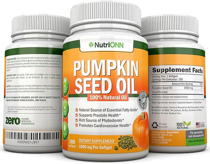 Pumpkin Seed Oil - 1000MG - 180 Softgels - Cold-Pressed Natural Pumpkin Seed Oil - Natural Source of Essential Fatty Acids - Great for Hair Growth, Prostate Health, Joint Health and GI Tract