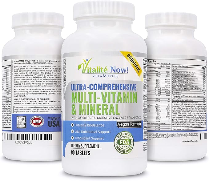 Vegan Whole Food Multivitamin & Mineral - Vitamins A B1 B2 B6 B12 C D3 E & 110 Super Foods, Herbs, Greens & Reds - Enzymes & Probiotics for Immune Support - Energy Boost - 90 Tablets