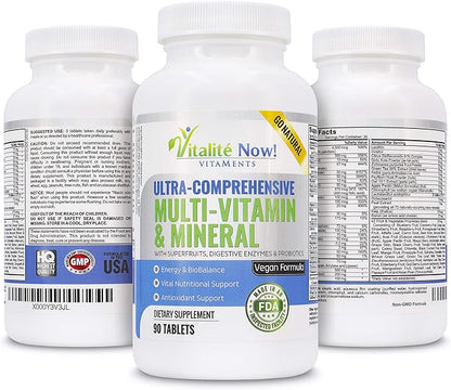 Vegan Whole Food Multivitamin & Mineral - Vitamins A B1 B2 B6 B12 C D3 E & 110 Super Foods, Herbs, Greens & Reds - Enzymes & Probiotics for Immune Support - Energy Boost - 90 Tablets