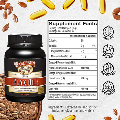 Barlean's Flaxseed Oil Softgels, Cold-Pressed Flax Seed Supplement with 1,650 mg ALA Omega-3 Fatty Acids for Joint & Heart Health, 1000mg, 100 ct