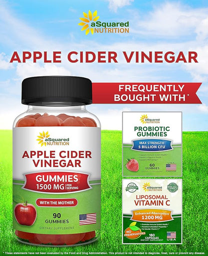 aSquared Nutrition Apple Cider Vinegar Gummies - 1500mg with The Mother - 90 ACV Gummies w/Vitamin B6 & B12, Folic Acid - Vegan Gummy Supplement Alternative to Capsules Pills & Drink