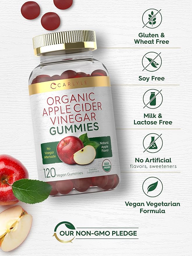 Carlyle Organic Apple Cider Vinegar Gummies | 120 Count | USDA Organic | Vegan, Non-GMO & Gluten-Free ACV Gummies | Apple Flavor