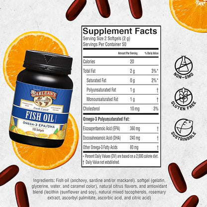 Barlean's Fish Oil Omega 3 Supplement, EPA & DHA Fatty Acid Softgels for Joint, Brain, & Heart Health, 1000mg Orange Flavored Fish Oil Pills, 100 Count