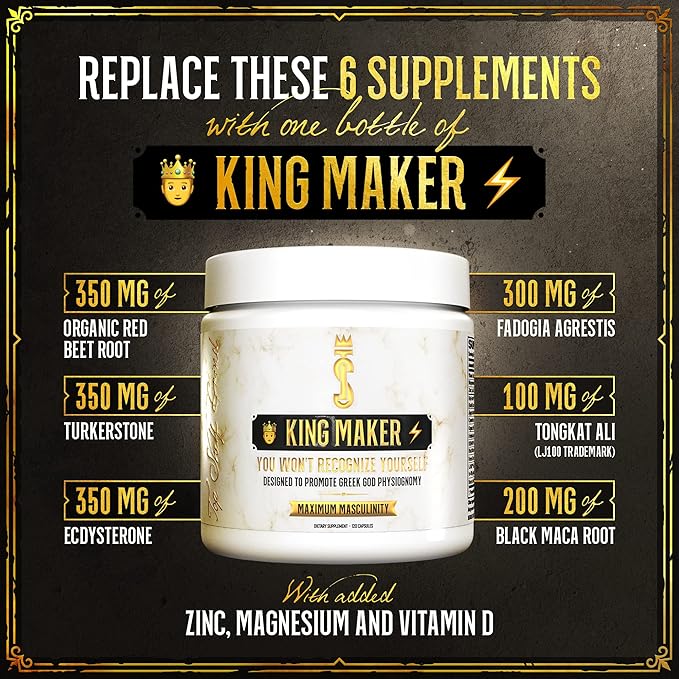 King Maker, 13-in-1 Anabolic Supplement for Men to Increase Stamina, Lean Muscle Growth & Recovery, N.O. Booster with Tongkat Ali (LJ100), 120 Capsules