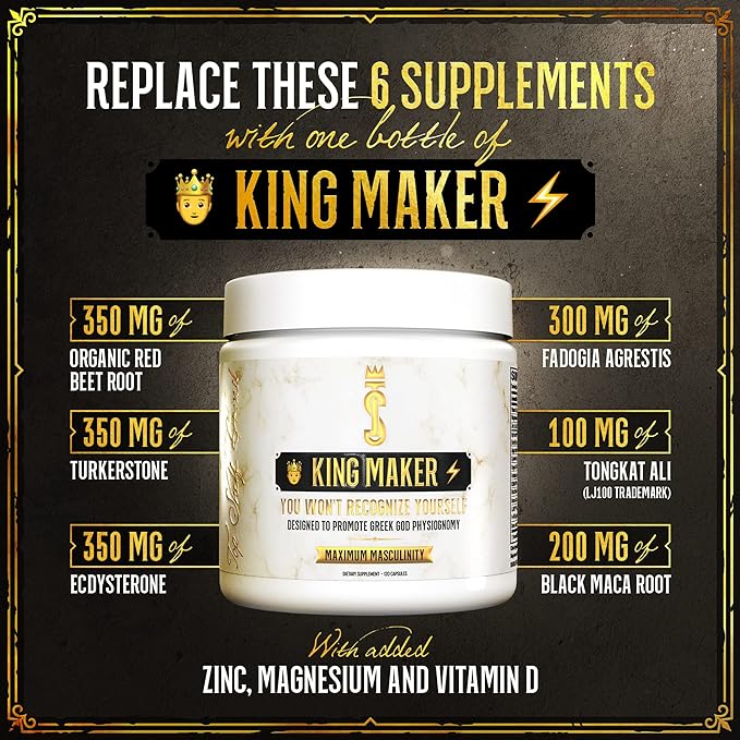 King Maker, 13-in-1 Anabolic Supplement for Men to Increase Stamina, Lean Muscle Growth & Recovery, N.O. Booster with Tongkat Ali (LJ100), 120 Capsules