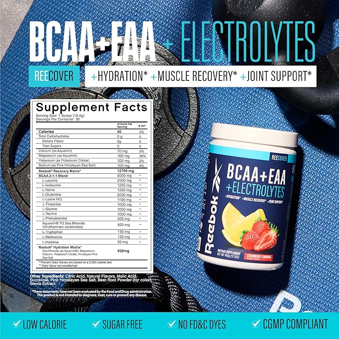 Reebok ReeCover BCAA + EAA + Electrolytes | 8g EAAs, 5g BCAAs, Hydration Matrix | Muscle Recovery, Strength | Post-Workout Support | 30 Servings | Strawberry Lemonade