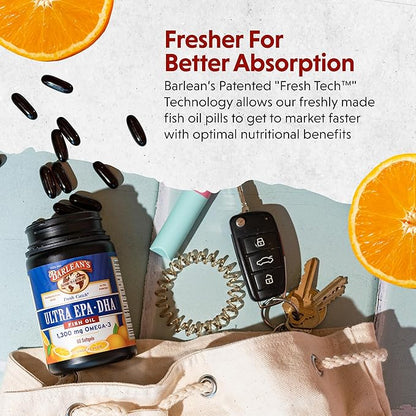 Barlean's Fish Oil Omega 3 Supplement, High Potency Ultra EPA DHA Fatty Acid Softgels for Joint, Brain, & Heart Health, 1000mg Orange Flavored Fish Oil Pills, 60 Count