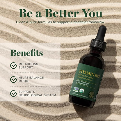 Global Healing Organic Vitamin B12 5000 mcg Sublingual Liquid - Methylcobalamin, Adenosylcobalamin, Hydroxo Blend - Methylated Drops for Adults - Vegan, Non-GMO, VIT B12, Vitamins Supplement (2 Oz)