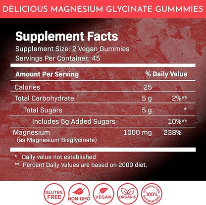 Magnesium Glycinate Gummies - 1000 mg - Magnesium Supplement to Support Relaxation, Heart Health - Chewable Calm Magnesium Gummies for Adults, Glicinato De Magnesio - Strawberry Flavor