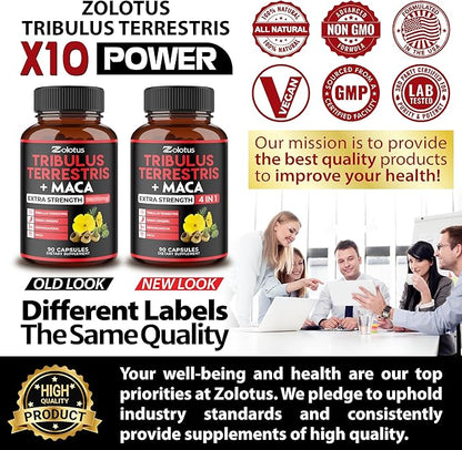 Zolotus Premium Tribulus Terrestris Capsules - 9600mg Per Serving - Combined with Ashwagandha, Panax Ginseng & Maca - Boost Energy, Mood, Stamina & Immune - 90 Counts for 3 Months