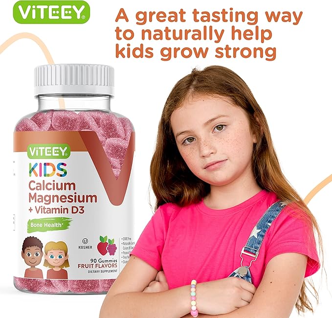Kids Calcium Gummies + Vitamin D3 & Magnesium Citrate for Kids and Teens - Supports Bone Health, Immune Support, Energy & Muscle Function - Gluten Free, GMO Free - Tasty Chewable Fruit Flavored Gummy
