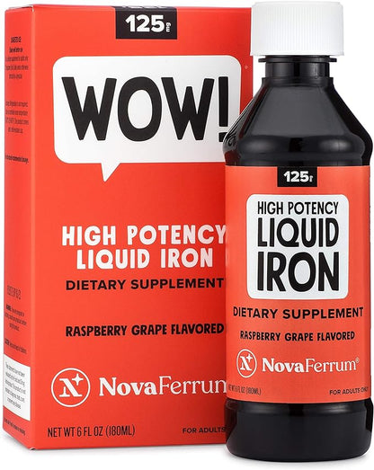 NovaFerrum Wow | 125 High Potency Liquid Iron Supplement | Liquid Iron for Adults | Iron Deficiency | 125mg of Iron Per 5mL Dose | Vegan Verified | Gluten Free Certified | Sugar Free