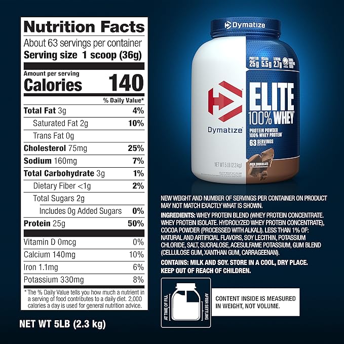 Dymatize Elite 100% Whey Protein Powder, 25g Protein, 5.5g BCAAs & 2.7 L-Leucine, Quick Absorbing & Fast Digesting for Optimal Muscle Recovery, Rich Chocolate, 5 Pound, 63 Servings