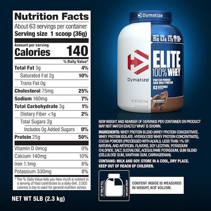 Dymatize Elite 100% Whey Protein Powder, 25g Protein, 5.5g BCAAs & 2.7 L-Leucine, Quick Absorbing & Fast Digesting for Optimal Muscle Recovery, Rich Chocolate, 5 Pound, 63 Servings