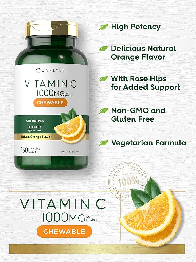 Carlyle Vitamin C Chewables | 1000mg | 180 Chewable Tablets | Vegetarian, Non-GMO, Gluten Free Supplement