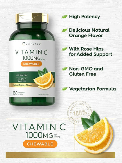 Carlyle Vitamin C Chewables | 1000mg | 180 Chewable Tablets | Vegetarian, Non-GMO, Gluten Free Supplement
