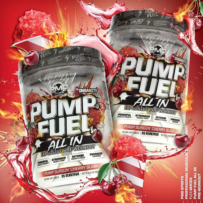 PMD Sports Pump Fuel All in Insanity - Ultimate Muscle Pump Supplement & Pre Workout Powder - Maximum Energy and Focus with Premium Creatine, Beta Alanine & More -Surgin’ Cherry Slush (20 Servings)