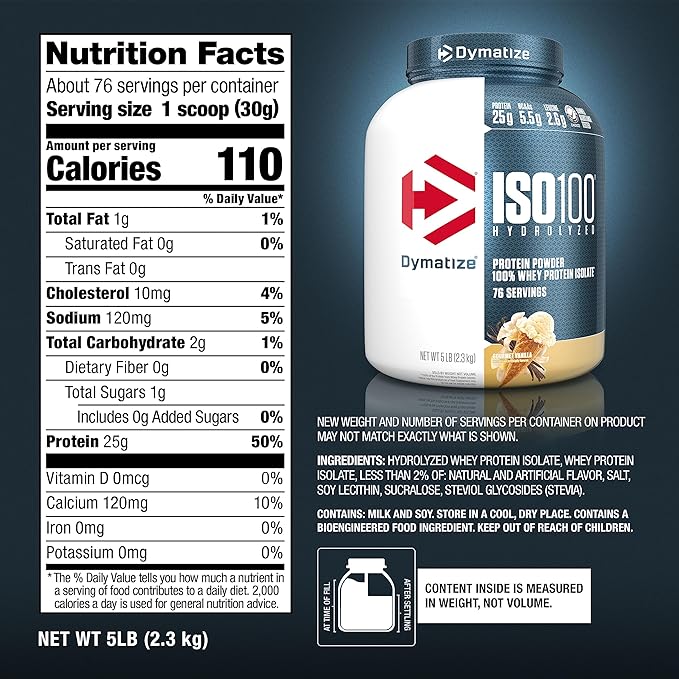 Dymatize ISO 100 Whey Protein Powder with 25g of Hydrolyzed 100% Whey Isolate, Vanilla 5 Pound, Package may vary