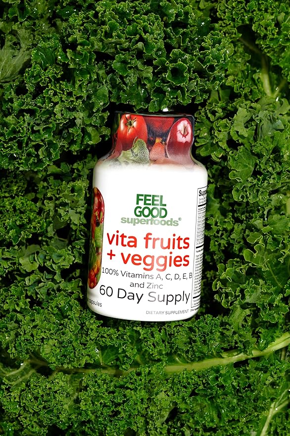 Vita Fruits and Veggies Capsules - 25 Superfood Ingredients, Fruit and Vegetable Multivitamin, 60 Count - For men and women - Vitamins A, C, D, E, B and Zinc