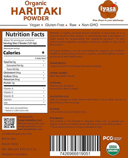 Organic Haritaki Powder, Harde, Harad, Terminalia chebula, Kadakapudi, Ayurveda herb for Digestion, Gas Relief, Healthy Bowel Function, superfood, Resealable Pouch of 4 oz